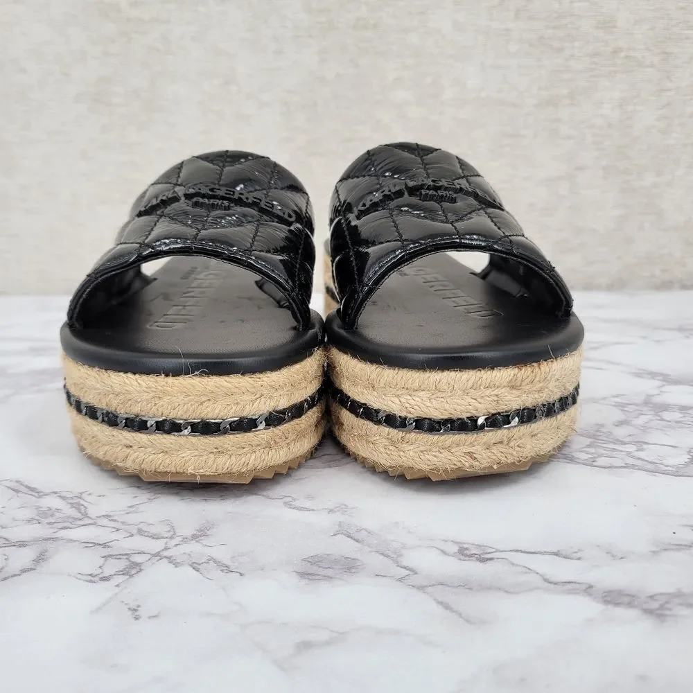 Karl Lagerfeld Kamara Black Quilted Platform Slide Sandals Jute Espadrilles